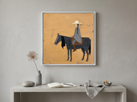 Braided Rider on Horseback Wall Art — Original Palette-Knife Oil, Slate Blue & Ochre — original hand-painted oil shown on the wall in a styled room