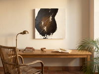 Dark Monolith Abstract Wall Art — Original Palette-Knife Oil, Black & Amber — original hand-painted oil shown on the wall in a styled room