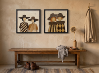 Women in Wide-Brim Hats — Set of 2 Original Oils, Chocolate & Tan — original hand-painted oil shown on the wall in a styled room