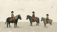 Original wide oil painting of three small children in sage tops and black hats riding grey-green ponies in a loose row across a pale sage pasture