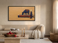 Cowgirl and Horse at the Trough Wide Wall Art — Original Palette-Knife Oil, Navy & Vermilion — original hand-painted oil shown on the wall in a styled room