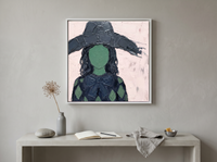 Lady in a Slate Hat Wall Art — Original Palette-Knife Oil, Emerald & Blush — original hand-painted oil shown on the wall in a styled room
