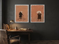 Pigeon-Feeder & Shepherd — Set of 2 Original Oils, Espresso & Terracotta — original hand-painted oil shown on the wall in a styled room