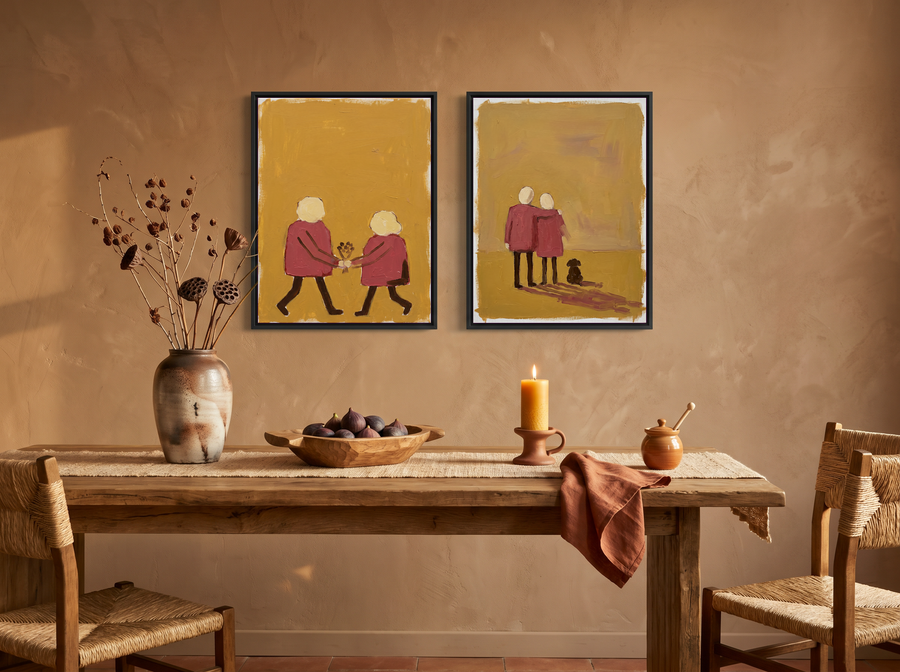 Couple Holding Hands & Couple at Dusk — Set of 2 Original Oils, Mustard & Rose