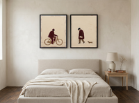 Cyclist & Newspaper Man — Set of 2 Original Oils, Wine & Oat — original hand-painted oil shown on the wall in a styled room