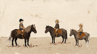 Original wide oil painting of three small children in tan tops and hats riding chunky brown ponies in a loose row across a warm cream pasture