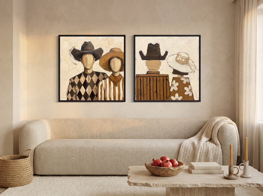Cowboy & Cowgirl, Front & Back — Set of 2 Original Oils, Chocolate & Rust