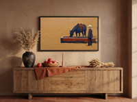 Cowgirl and Horse at the Trough Wide Wall Art — Original Palette-Knife Oil, Navy & Vermilion — original hand-painted oil shown on the wall in a styled room