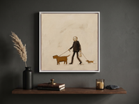 Dog Walker Wall Art — Original Palette-Knife Oil, Brown & Cream — original hand-painted oil shown on the wall in a styled room