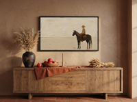 Cowboy on Horseback Wide Wall Art — Original Palette-Knife Oil, Chocolate & Tan — original hand-painted oil shown on the wall in a styled room