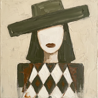 Original oil painting of a blank-faced woman in a wide olive-green hat with a single brown mouth, over olive and cream harlequin diamonds, on a cream ground