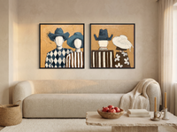 Cowboy & Cowgirl, Front & Back — Set of 2 Original Oils, Teal & Ochre — original hand-painted oil shown on the wall in a styled room