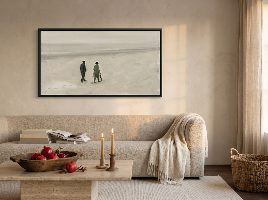 Two Figures on a Beach Wide Wall Art — Original Oil, Sage Green & Misty Grey