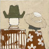 Original oil painting of a cowboy and cowgirl seen from behind, the cowboy in an olive hat and brown stripes, the cowgirl in a pale floppy hat and a cream floral shirt, on a sand-cream ground