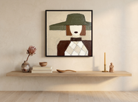 Lady in an Olive Hat Wall Art — Original Palette-Knife Oil, Olive & Oxblood — original hand-painted oil shown on the wall in a styled room