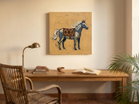 Standing Horse Wall Art — Original Palette-Knife Oil, Slate Blue & Ochre — original hand-painted oil shown on the wall in a styled room