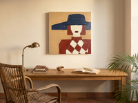 Lady in a Navy Hat Wall Art — Original Palette-Knife Oil, Navy & Oxblood — original hand-painted oil shown on the wall in a styled room