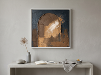 Arched Niche Abstract Wall Art — Original Palette-Knife Oil, Navy & Ochre — original hand-painted oil shown on the wall in a styled room