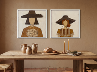 Women in Hats — Set of 2 Original Oils, Chocolate & Tan — original hand-painted oil shown on the wall in a styled room
