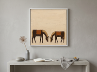 Two Grazing Horses Wall Art — Original Palette-Knife Oil, Brown & Rust — original hand-painted oil shown on the wall in a styled room