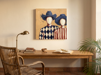 Cowboy & Cowgirl Wall Art — Original Palette-Knife Oil, Navy & Rust — original hand-painted oil shown on the wall in a styled room