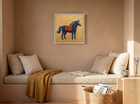 Standing Horse Wall Art — Original Palette-Knife Oil, Navy & Rust — original hand-painted oil shown on the wall in a styled room