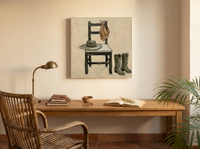 Cowboy Chair Still Life Wall Art — Original Palette-Knife Oil, Olive & Tan — original hand-painted oil shown on the wall in a styled room