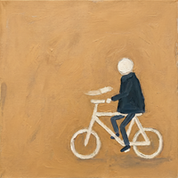 Original oil painting of a man with a cream head in a deep navy coat riding a cream-white bicycle, on a golden ochre ground