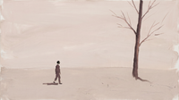 Original wide oil painting of a small dark figure walking across a dusty mauve field toward a single bare tree on the right, soft horizontal landscape