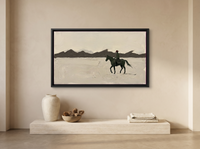 Lone Rider and Mountain Ridge Wide Wall Art — Original Palette-Knife Oil, Dark Olive & Oxblood — original hand-painted oil shown on the wall in a styled room