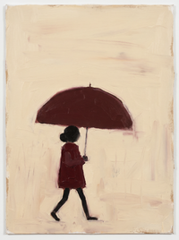 Oil painting of a man in a deep wine coat walking left with a tan bag, a tan dachshund trailing, on a cream ground.