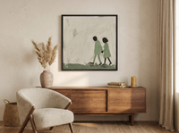 Couple Walking Together Wall Art — Original Oil, Sage & Cream — original hand-painted oil shown on the wall in a styled room