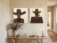 Cowboy, Front and Back — Set of 2 Original Oils, Olive & Oxblood — original hand-painted oil shown on the wall in a styled room
