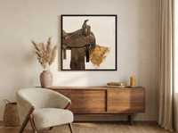 Western Saddle Still Life Wall Art — Original Palette-Knife Oil, Brown & Tan — original hand-painted oil shown on the wall in a styled room
