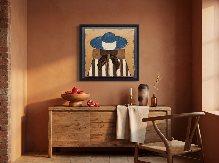 Lady in a Navy Hat Wall Art — Original Palette-Knife Oil, Navy & Ochre