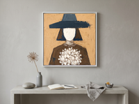 Woman with a Bouquet Wall Art — Original Palette-Knife Oil, Ochre & Navy — original hand-painted oil shown on the wall in a styled room