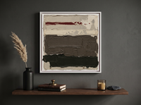 Horizontal Bands Abstract Wall Art — Original Palette-Knife Oil, Taupe & Oxblood — original hand-painted oil shown on the wall in a styled room