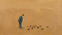 Original wide oil painting of an old man in a navy-teal coat feeding brown pigeons across a vast empty golden-ochre plaza, Lowry-style with generous negative space