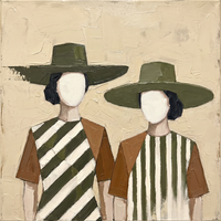 Original oil painting of two women in wide olive-green flat-brim hats with rust sleeves, striped olive and cream, on a cream ground