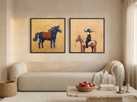 Standing Horse & Small Rider — Set of 2 Original Oils, Navy & Vermilion — original hand-painted oil shown on the wall in a styled room