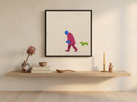 Man Walking His Dachshund Wall Art — Original Pop-Colour Oil, Magenta & Blue — original hand-painted oil shown on the wall in a styled room