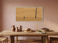 Lone Walker & Bare Tree Wide Wall Art — Original Palette-Knife Oil, Golden Ochre & Navy — original hand-painted oil shown on the wall in a styled room