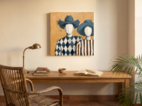 Cowboy & Cowgirl Wall Art — Original Palette-Knife Oil, Slate Blue & Ochre — original hand-painted oil shown on the wall in a styled room