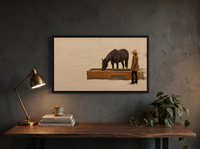 Cowgirl and Horse at the Trough Wide Wall Art — Original Palette-Knife Oil, Chocolate & Rust — original hand-painted oil shown on the wall in a styled room