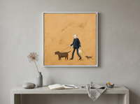 Dog Walker Wall Art — Original Palette-Knife Oil, Navy & Ochre — original hand-painted oil shown on the wall in a styled room