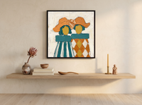 Two Ladies in Hats Wall Art — Original Palette-Knife Oil, Orange & Teal — original hand-painted oil shown on the wall in a styled room