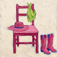 Original oil painting of a magenta-pink wooden chair with a pink cowboy hat on the seat, a lime-green polka-dot bandana over the back, and pink boots beside it, on a cream ground