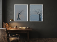 Mirrored Bare Trees — Set of 2 Original Oils, Charcoal on Slate — original hand-painted oil shown on the wall in a styled room