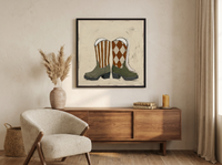 Cowboy Boots Wall Art — Original Palette-Knife Oil, Olive & Rust — original hand-painted oil shown on the wall in a styled room