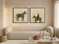 Standing Horse & Small Rider — Set of 2 Original Oils, Olive & Rust — original hand-painted oil shown on the wall in a styled room